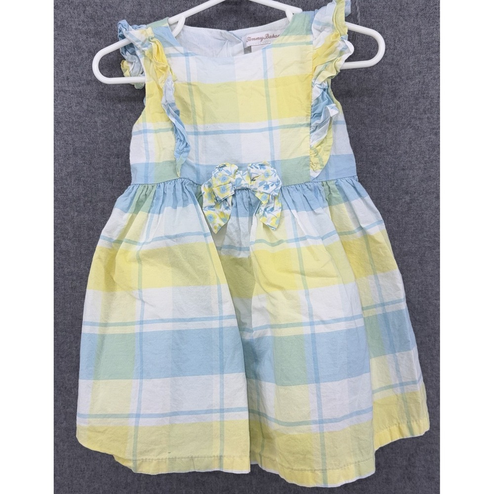 Tommy Bahama Girls Sundress Pastel Plaid Ruffle Dress Bow Girls 12M Blue Yellow